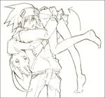  1girl barefoot border brown carrying carrying_over_shoulder feet greyscale hand_on_ass headband katsura_miya legs maka_albarn monochrome sketch smile soles soul_eater soul_eater_(character) upside-down 