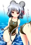  adapted_costume animal_ears ass blush casual_one-piece_swimsuit grey_hair inyucchi mouse_ears mouse_tail nazrin one-piece_swimsuit red_eyes short_hair swimsuit tail touhou translation_request trefoil wading water 