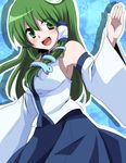  bad_id bad_pixiv_id detached_sleeves frog green_eyes green_hair hair_ornament japanese_clothes kochiya_sanae long_hair marimo_danshaku open_mouth smile snake solo touhou waving 