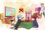  3girls 4boys apron asbel_lhant cheria_barnes food game_console hair_ornament hubert_ozwell japanese_clothes kimono kotatsu malik_caesars multicolored_hair multiple_boys multiple_girls new_year pascal playstation_3 popsicle richard_(tales) sophie_(tales) table tales_of_(series) tales_of_graces tenguu_rio twintails two-tone_hair wii xbox_360 