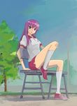  bakemonogatari blue_eyes gym_uniform highres legs long_hair monogatari_(series) pinzu purple_hair senjougahara_hitagi shorts sitting sketch solo 