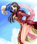  amazon black_hair blue_eyes boa_hancock chigusa_suzume day earrings hand_on_hip jewelry legs long_hair long_legs no_panties one_piece salome_(one_piece) skull sky snake thighs 