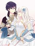  1girl alternate_costume armor blue_hair closed_eyes detached_sleeves dinikee dress female_my_unit_(fire_emblem:_kakusei) fire_emblem fire_emblem:_kakusei flower hair_flower hair_ornament happy husband_and_wife krom my_unit_(fire_emblem:_kakusei) silver_hair smile wedding_dress 