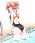  1girl ahoge black_swimsuit brown_eyes competition_swimsuit eyebrows_visible_through_hair fate/grand_order fate_(series) fujimaru_ritsuka_(female) hair_between_eyes long_hair one-piece_swimsuit open_mouth ponytail pool red_hair shino-o shiny shiny_hair simple_background solo sweatdrop swimsuit white_background 
