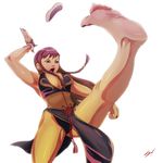  1girl alternate_costume alternate_hairstyle barefoot black_panties breasts brown_hair china_dress chinese_clothes chun-li cleavage dress feet kick leg_up panties pantyshot scamwich shoe_removed shoes_removed soles solo street_fighter street_fighter_v toes underwear 