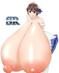  1girl areola_slip areolae blush breast_expansion breasts brown_eyes brown_hair cleavage es_hisashi female gigantic_breasts huge_nipples idolmaster idolmaster_cinderella_girls lips long_breasts nipples oikawa_shizuku sagging_breasts shiny_skin short_hair skirt smile solo 