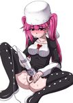  1girl artist_request bleach blush bottomless dokugamine_riruka hitachi_magic_wand long_hair pink_hair pubic_hair pussy pussy_juice red_eyes simple_background sitting solo spread_legs sweat thighhighs twintails vaginal 