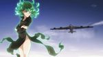  1girl animated animated_gif bare_legs black_dress crossed_arms curly_hair dress flying green_eyes green_hair no_pants one-punch_man plane psychic short_hair sky solo tatsumaki 