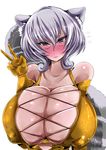  1girl absurdres animal_ears bare_shoulders blush breasts cat_ears cleavage dress elbow_gloves erect_nipples female gigantic_breasts glasses gloves grey_hair gucchi_(n3gt6apf) highres looking_at_viewer milf original plump puffy_nipples purple_eyes shy silver_hair simple_background solo tail upper_body v white_background yellow_gloves 