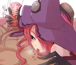  1girl arc_system_works artificial_vagina ass assertive bare_shoulders black_sclera blazblue blazblue:_central_fiction brown_legwear censored clothed_female_nude_male dark_skin detached_sleeves energy_drain gloves hair_over_one_eye handjob hat heavy_breathing infraton konoe_a_mercury licking long_hair nude panties panties_under_pantyhose pantyhose penis pink_hair pov pov_eye_contact sex_toy slit_pupils thong tongue tongue_out underwear witch witch_hat yellow_eyes 