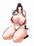  1girl areolae breasts brown_eyes brown_hair curvy fatal_fury huge_breasts long_hair looking_at_viewer nipples parted_lips pubic_hair shiranui_mai simple_background sitting smile solo thick_thighs white_background wide_hips wrato 