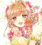  1girl :d bare_shoulders blush bouquet brown_hair card_captor_sakura eyebrows_visible_through_hair flower gloves green_eyes hair_flower hair_ornament highres holding holding_bouquet kinomoto_sakura looking_at_viewer off-shoulder_shirt off_shoulder open_mouth pink_flower portrait sakuramoti0511 shirt short_hair short_sleeves sketch smile solo white_gloves 