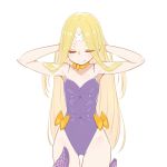  1girl abigail_williams_(fate/grand_order) arms_behind_head bandage bangs blonde_hair blush chan_co choker eyebrows_visible_through_hair eyes_closed fate/grand_order fate_(series) hands_in_hair leotard long_hair ribbon ribbon_choker smile solo swimsuit tentacle thigh_gap thighs white_background yellow_ribbon 