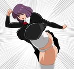  1girl 78_(tky8) agent_aika black_delmo delmo fighting kicking latex miniskirt panties pantyshot purple_hair short_dress skirt thighhighs underwear white_panties 