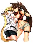  2girls arc_system_works artist_request ass bare_shoulders bike_shorts blonde_hair blue_eyes breasts detached_sleeves erect_nipples fingerless_gloves from_below genderswap gloves guilty_gear guilty_gear_xrd hair_ribbon headband ky_kiske large_breasts looking_back looking_down mound_of_venus multiple_girls open_mouth ponytail red_eyes ribbon ryuuri_(aoithigo) shiny shiny_skin short_shorts shorts sideboob skirt sol_badguy sweatdrop thigh_strap upskirt very_long_hair 
