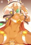  1girl areolae bottomless breasts cowgirl_position cum cum_in_pussy dark_skin guilty_gear guilty_gear_xrd hmage large_breasts long_hair navel nipples orange_eyes pubic_hair pussy ramlethal_valentine sex solo_focus stomach straddling sweat uncensored white_hair 