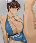  1girl alternate_costume bare_legs bare_shoulders breasts capcom china_dress chinese_clothes chun-li cleavage dress female huge_breasts large_breasts naso4 recolored short_hair sideboob solo street_fighter street_fighter_iv 