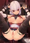  1girl ass bridal_gauntlets clenched_teeth copyright_request dark_skin elf jewelry kirishima_satoshi necklace nipples open_clothes pointy_ears pussy red_eyes restrained rope short_hair spread_legs teeth thighhighs torn_clothes torn_thighhighs uncensored 