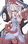  ahegao arakune arms_up bdsm blazblue blush bodysuit breasts headgear highres infraton medium_breasts navel_insertion nipples nu-13 one_eye_covered pussy_juice restrained rolling_eyes silver_hair tentacles torn_clothes visor 