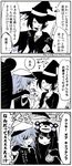  ahoge alternate_costume comic cookie cosplay eyepatch food greyscale halloween hat kaga3chi kantai_collection kiso_(kantai_collection) kuma_(kantai_collection) kumamon long_hair looking_at_another monochrome multiple_girls open_mouth tenryuu_(kantai_collection) translated witch witch_hat 