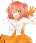  1girl ;d blush breasts choker cleavage collarbone dress eyebrows_visible_through_hair fate/grand_order fate_(series) fujimaru_ritsuka_(female) gloves hair_between_eyes layered_dress long_hair medium_breasts one_eye_closed open_mouth orange_dress orange_gloves red_hair shino-o side_ponytail sketch sleeveless sleeveless_dress smile solo strapless strapless_dress upper_body white_background yellow_eyes 