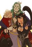  3girls au_ra black_hair cat_ears cat_tail choppington double_v final_fantasy final_fantasy_xiv green_hair grey_hair group_hug happy horns hug looking_at_viewer miqo&#039;te miqo'te multiple_girls o3o roegadyn smile tail tongue_out two-tone_hair v 