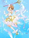  1girl :d absurdres artist_name blue_background brown_hair card_captor_sakura dress eyebrows_visible_through_hair full_body gloves green_eyes green_hair highres holding holding_staff kinomoto_sakura layered_dress looking_at_viewer open_mouth pump sakuramoti0511 shiny shiny_skin short_dress short_hair sleeveless sleeveless_dress smile staff white_dress white_feathers white_gloves 