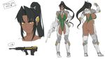  ass back black_hair breasts character_sheet cleavage concept_art dark_skin erect_nipples gun hand_up high_ponytail highleg highleg_leotard holding holding_weapon huge_breasts leotard lilith-soft long_hair mirabell_bell muscle obui orange_eyes ponytail sideboob simple_background sketch solo taimanin_asagi taimanin_asagi_battle_arena thighs weapon 