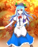  &gt;:) blue_eyes blush boots cloud dress explosion flat_chest food food_on_head fruit fruit_on_head hat hinanawi_tenshi long_hair looking_at_viewer merukiarisu object_on_head peach red_eyes smile solo sword_of_hisou touhou v-shaped_eyebrows 