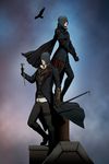  1boy 1girl animal assassin&#039;s_creed assassin's_creed assassin's_creed_(series) belt bird brother_and_sister cane cape duo evie_frye gb_(doubleleaf) hood jacob_frye rooftop siblings sky standing weapon 