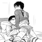  2boys anal ass blush clothed_sex cum cum_in_ass cum_while_penetrated cumdrip eren_yeager indoors levi_(shingeki_no_kyojin) looking_at_viewer monochrome multiple_boys naughty_face penis riding sex shingeki_no_kyojin straddling tagme underwear undressing wince yaoi 