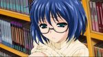  animated animated_gif blue_hair bottomless breasts bust_to_bust character_request glasses large_breasts library panties thighhighs underwear 