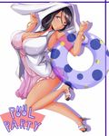  1girl bare_shoulders black_hair bracelet breasts cleavage female high_heels highres hood huge_breasts inflatable innertube jewelry looking_at_viewer miniskirt nana_(mogs1225) original purple_eyes sandals simple_background skirt solo summer tan toes white_background 