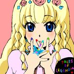  1girl blonde_hair blue_eyes blush braid flower long_hair nail_polish open_mouth pink_background rose shirley_fennes tales_of_(series) tales_of_legendia 