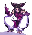  1girl angry baggy_pants bare_shoulders barefoot black_hair detached_sleeves dudou feet fingerless_gloves full_body gloves han_juri liyart middle_finger midriff pants purple_eyes short_twintails squatting street_fighter street_fighter_iv super_street_fighter_iv toeless_socks toenail_polish toes twintails 