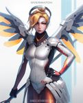  blonde_hair blue_eyes breasts chromatic_aberration copyright_name cowboy_shot gradient gradient_background grey_background guweiz hand_on_hip heart high_ponytail highres holding lips long_hair looking_at_viewer mechanical_halo mechanical_wings medium_breasts mercy_(overwatch) nose overwatch pantyhose ponytail short_hair solo swiss_flag watermark web_address white_background wings yellow_wings 
