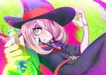  1girl :&lt; hair_over_one_eye hakkasame hat little_witch_academia long_hair looking_at_viewer one_eye_covered purple_eyes purple_hair sucy_manbavaran witch witch_hat 