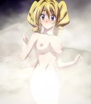  1girl blonde_hair blush breasts high_school_dxd long_hair nipples nude ravel_phenex solo standing steam stitched 