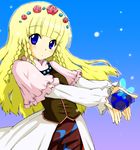  1girl blonde_hair blue_background blue_eyes braid breasts dress flower long_hair present rose shirley_fennes tales_of_(series) tales_of_legendia 