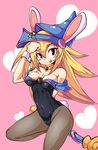  1girl animal_ears average-hanzo bare_shoulders blonde_hair breasts bunny_ears bunny_tail bunnysuit cameltoe choker cleavage dark_magician_girl pantyhose solo staff tail tongue tongue_out yu-gi-oh! yuu-gi-ou_duel_monsters 