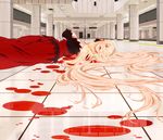  1girl amputee blonde_hair blood breasts cleavage hair_over_one_eye kiss-shot_acerola-orion_heart-under-blade kizumonogatari large_breasts lying monogatari_(series) official_art on_back open_mouth orange_eyes solo subway very_long_hair 