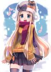  1girl :d abigail_williams_(fate/grand_order) alternate_costume bangs beanie black_bow black_legwear black_skirt blonde_hair blue_eyes blush bow breasts brown_sweater commentary_request eighth_note eyebrows_visible_through_hair fate/grand_order fate_(series) forehead fringe_trim hat hat_bow heart heart_in_mouth highres long_hair long_sleeves musical_note nakasaku-p open_mouth orange_bow parted_bangs pleated_skirt polka_dot polka_dot_bow red_scarf ribbed_sweater scarf skirt sleeves_past_wrists small_breasts smile solo sweater thighhighs very_long_hair white_hat 