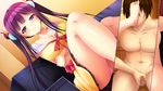  1girl barefoot blush breasts brown_hair censored cleavage couch feet femdom foot_on_head foot_worship game_cg large_breasts long_hair looking_down m_no_jikan_(company) masturbation oni_mayuge panties penis puchikko_my_lord purple_eyes purple_hair sitting skirt smile tachibana_momo underwear upskirt 