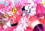  1girl animal_ears bells cat_ears dual_persona fang gloves green_eyes hakkasame mad_mew_mew magical_girl pink_hair staff undertale white_gloves 