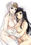  2girls bikini black_hair blue_eyes blush breasts bridal_veil bride brown_hair choker elbow_gloves erect_nipples eroge!_h_mo_game_mo_kaihatsu_zanmai euphoria euphoria_(clockup) gloves hamashima_shigeo himeno_kisara long_hair manaka_nemu multiple_girls nipples open_mouth pubic_hair purple_eyes see-through short_hair simple_background sling_bikini smile swimsuit thighhighs veil white white_background white_bikini white_gloves white_legwear white_swimsuit yuri 