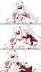  3girls 3koma :t ^_^ aircraft_carrier_oni black_dress blush_stickers breasts cleavage closed_eyes comic dress drooling gauntlets hand_on_another's_head highres horns kantai_collection kneeling kobone lap_pillow large_breasts long_hair lying midway_hime multiple_girls music no_legwear northern_ocean_hime on_back one_side_up red_eyes sailor_dress saliva seiza shinkaisei-kan short_dress singing sitting sleeping sleeping_on_person translated white_dress white_hair zzz 