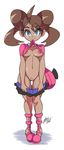  1girl ahoge areolae bigdead93 blue_eyes boots breasts brown_hair dark_nipples dark_skin full_body large_areolae lifted_by_self looking_at_viewer mouth_hold navel nintendo nipples pokemon pokemon_(game) pokemon_xy pubic_hair pussy quad_tails sana_(pokemon) shirt_lift shorts_down shorts_pull side_bag signature smile solo stomach uncensored 