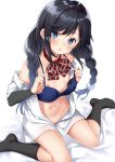  1girl absurdres alternate_hairstyle areolae arm_warmers asashio_(kantai_collection) bangs black_hair black_legwear blue_bra blue_eyes blush bow bow_bra bra bra_pull braid breasts collared_shirt cosplay ebifurya fantia_reward from_above full_body groin hair_bow hair_over_shoulder highres kantai_collection kneehighs long_hair minegumo_(kantai_collection) minegumo_(kantai_collection)_(cosplay) navel nipples no_panties oversized_clothes paid_reward shirt short_sleeves sidelocks sitting small_breasts solo swept_bangs thighs twin_braids twintails underwear very_long_hair white_background white_shirt 