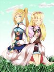  2girls blonde_hair blue_eyes blush braid breasts capelet dress eyes_closed fenimore_xelhes flower long_hair multiple_girls open_mouth rose shirley_fennes skirt tales_of_(series) tales_of_legendia twintails 