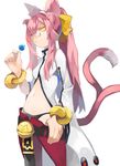  1girl animal_ears bell black_panties blazblue bracelets candy cat_ears cat_tail glasses jerun kokonoe lollipop long_hair multiple_tails navel panties pince-nez pink_hair red_pants tail underwear yellow_eyes 